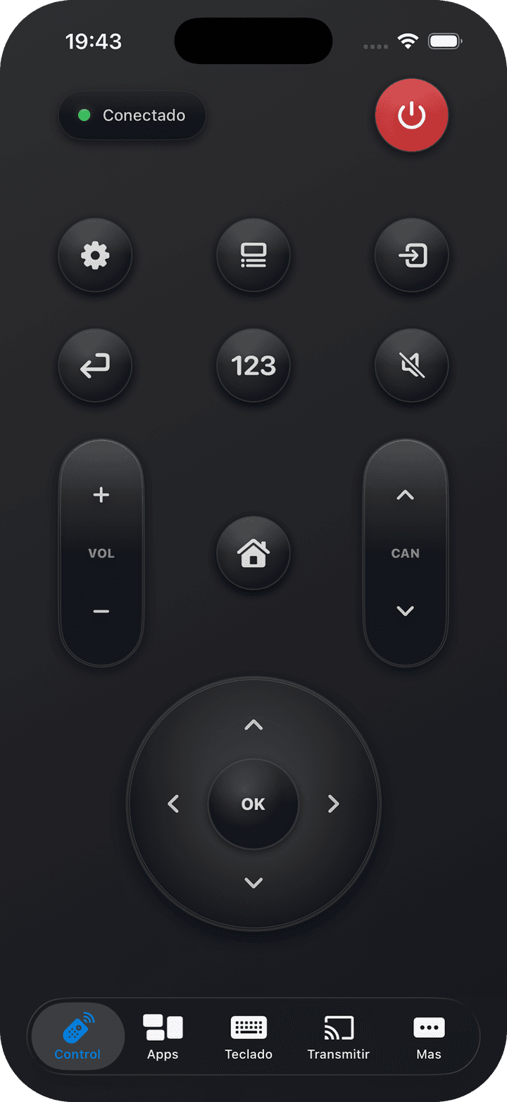 Pantalla del control remoto: botón de dirección circular con OK en el centro, botón rojo de encendido y controles de volumen y canal
