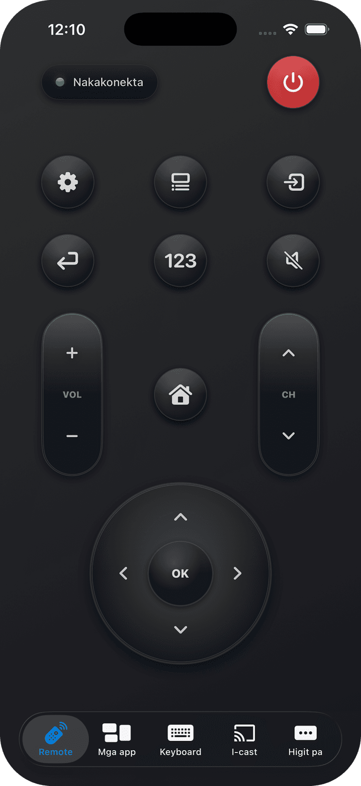 Ang screen ng remote: isang pabilog na D-pad na may OK sa gitna, pulang power button, at mga kontrol sa volume at channel