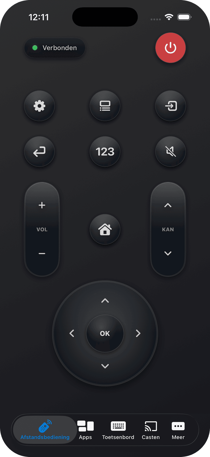 Het afstandsbedieningsscherm: een ronde D-pad met OK in het midden, een rode aan/uit-knop en volume- en zenderknoppen