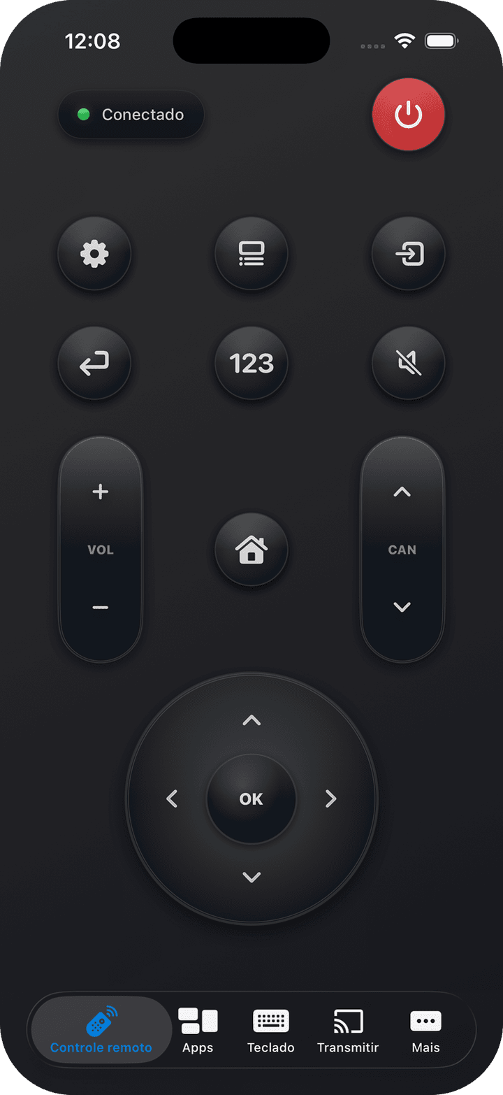 Tela do controle remoto: botão direcional circular com OK no centro, botão vermelho de liga/desliga e controles de volume e canais